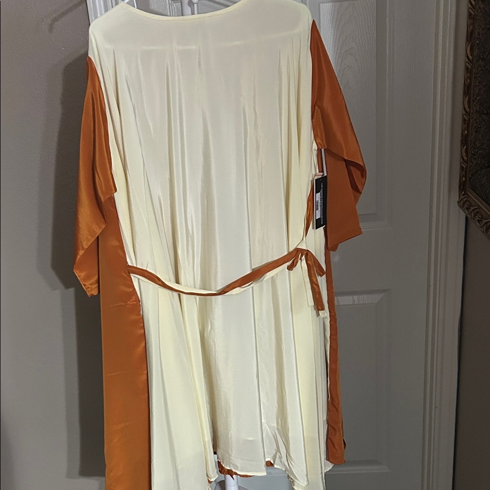 SHUN Elegant Cream and Orange Midi Dress